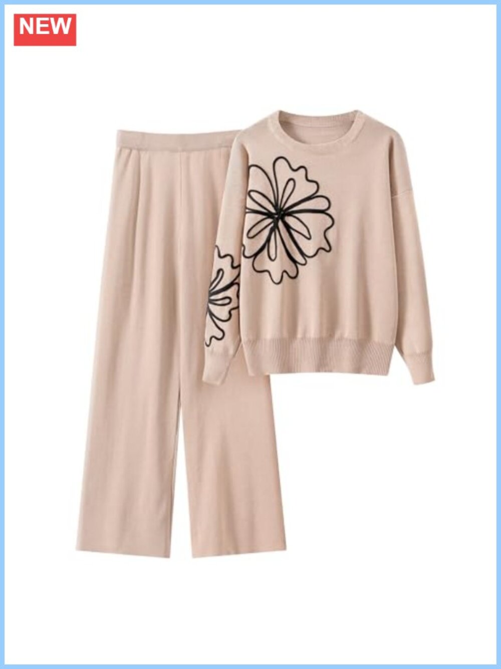 Women's 2 Piece Knit Sweater Wide Leg Pants Lounge Set Floral Embroidery